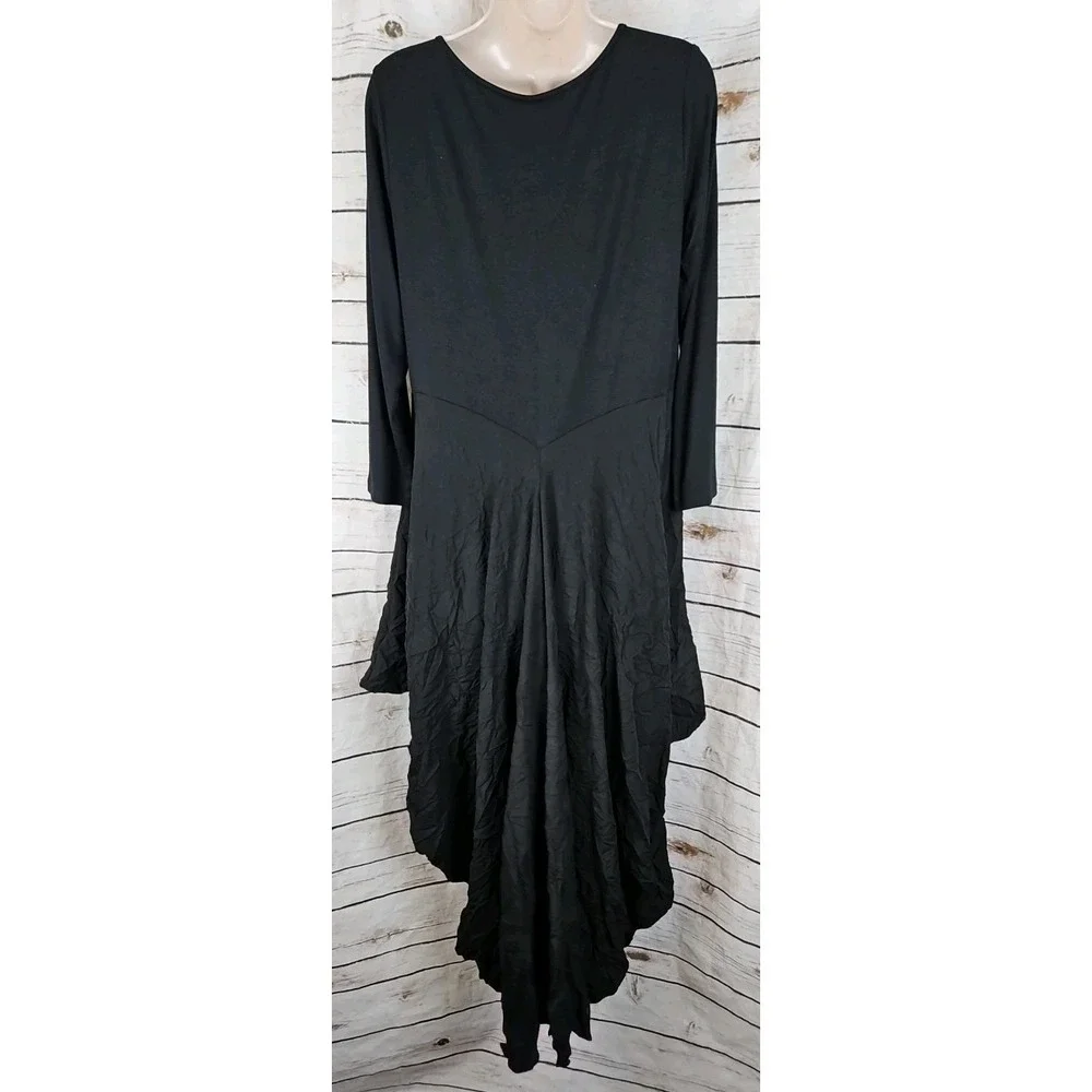 Comfy USA Black Lantern Midi Dress L Lagenlook Crinkle Mixed Media Womens